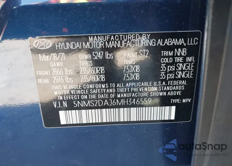 2021 Hyundai Santa Fe Sel from USA, damaged, VIN 5NMS2DAJ6MH346559